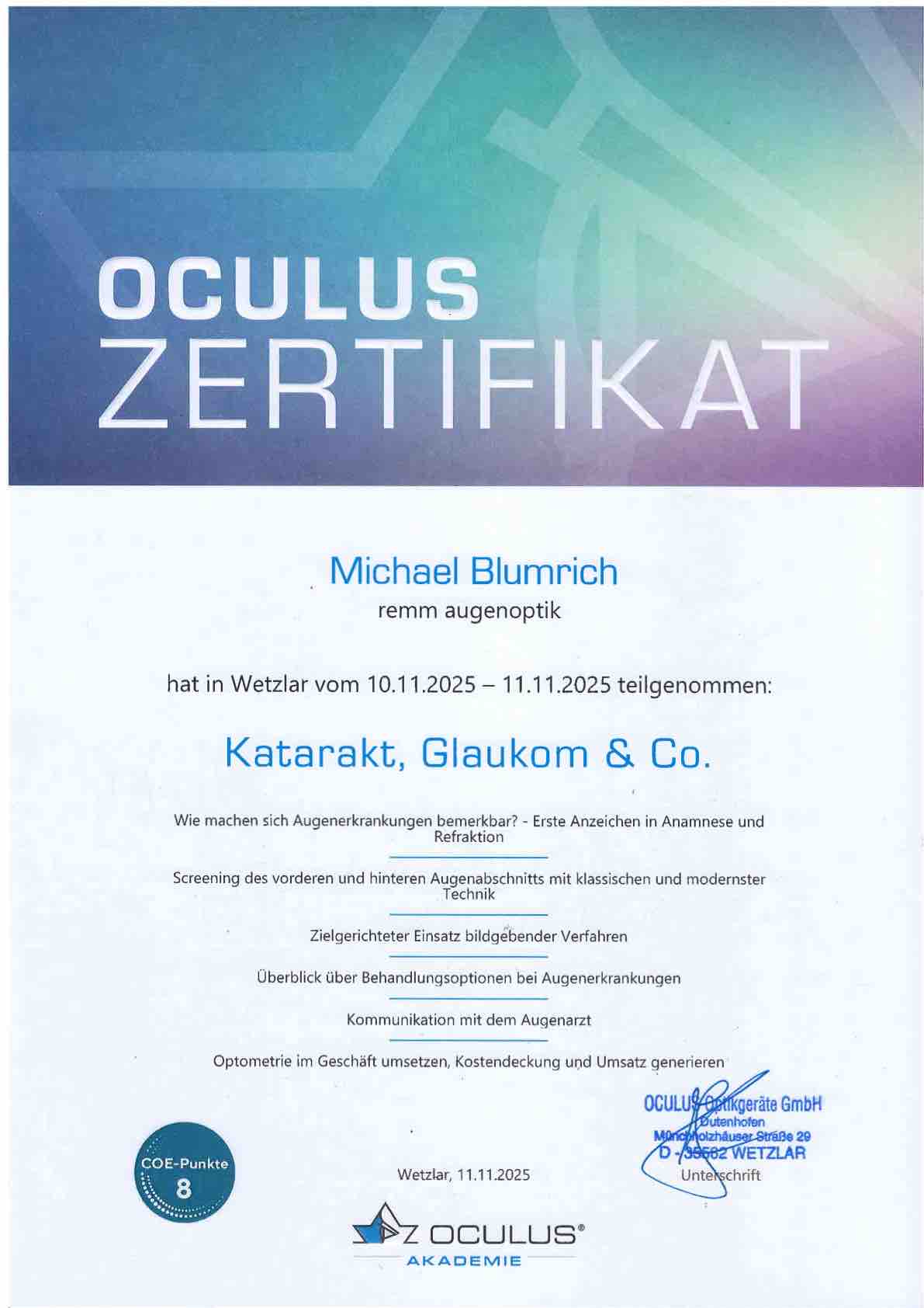 Seminar Oculus Zertifikat